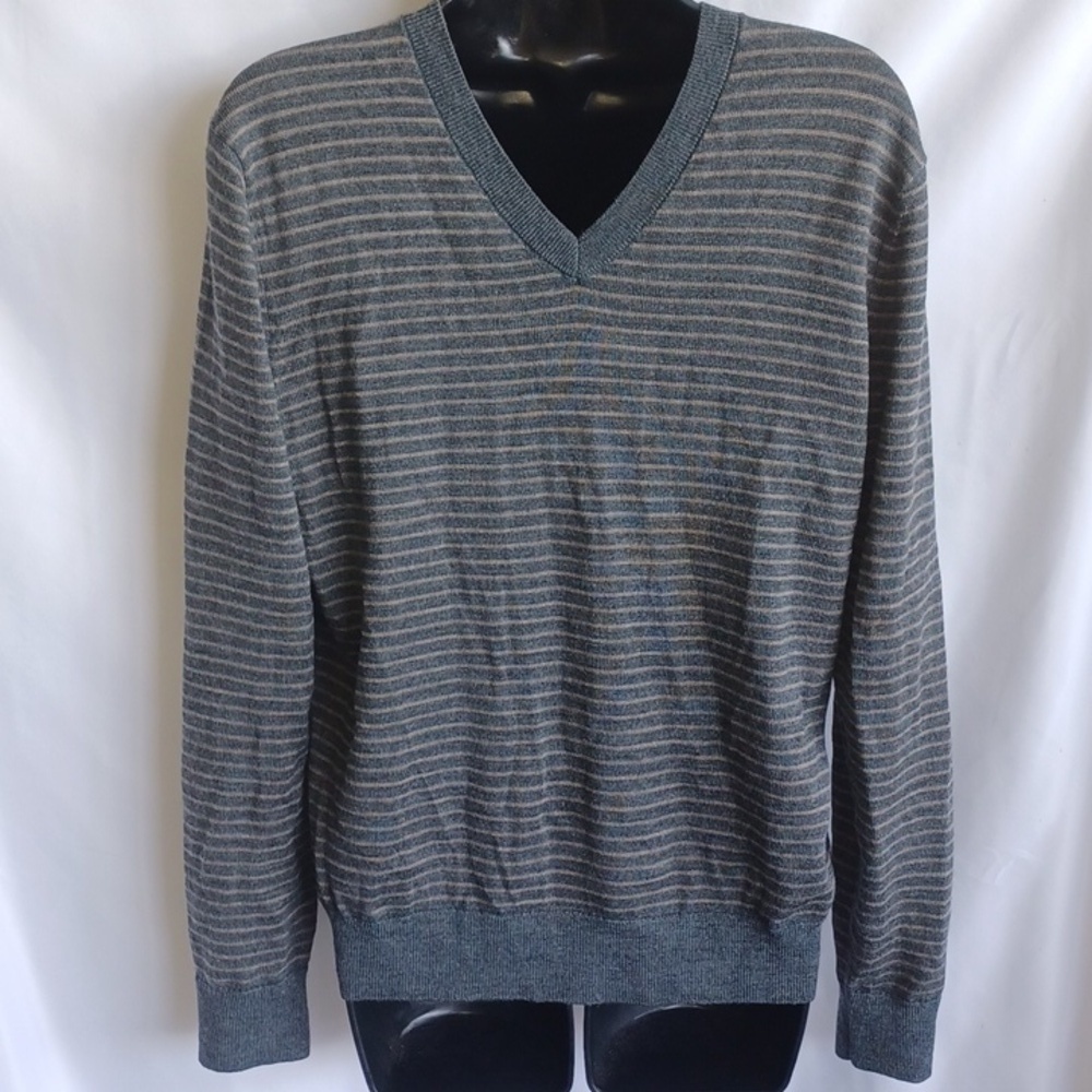Banana Republic Men 100% Merino Wool Sweater S Gray Stripe V-Neck Lightweight